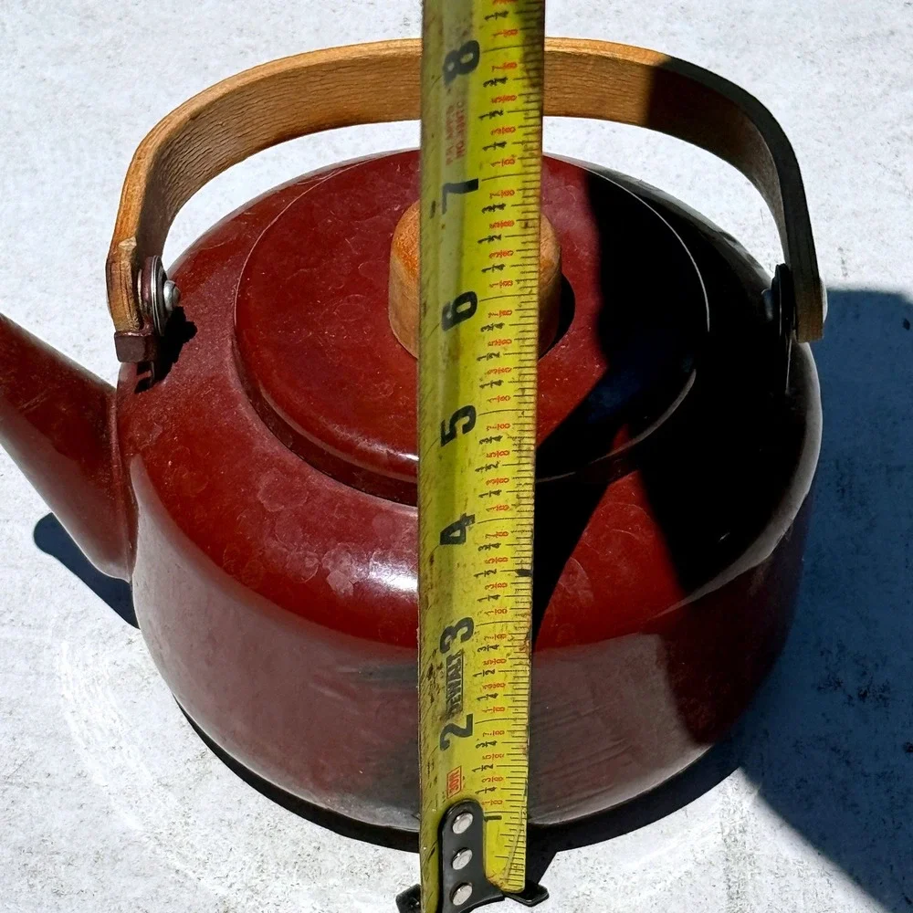Vintage MCM Teapot Kettle Wood Handle Brown Enamel Scandinavian Japanese Style